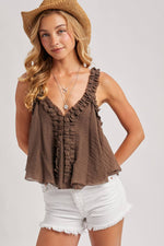 Gathered Strap Raw Edge V-Neck Flowy Tank