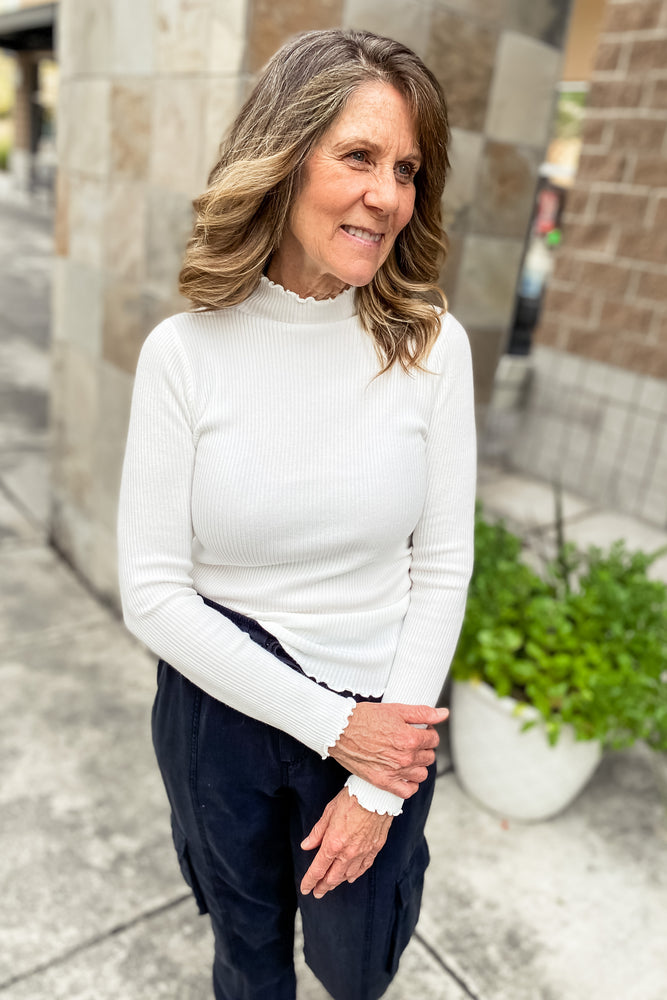 Ryan Knit Lettuce Hem Turtleneck Top White