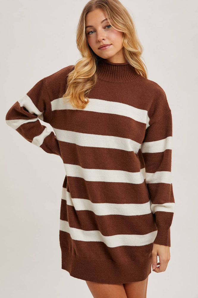 Turtleneck Striped Knit Sweater Dress
