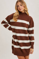 Turtleneck Striped Knit Sweater Dress