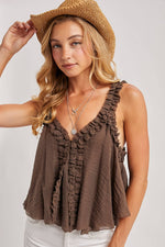 Gathered Strap Raw Edge V-Neck Flowy Tank