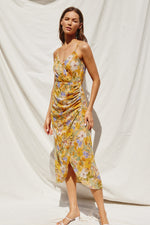 Ruched Midi Dress Yellow Floral