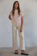 Short Sleeve Striped Knit Sweater Pink and Ivory