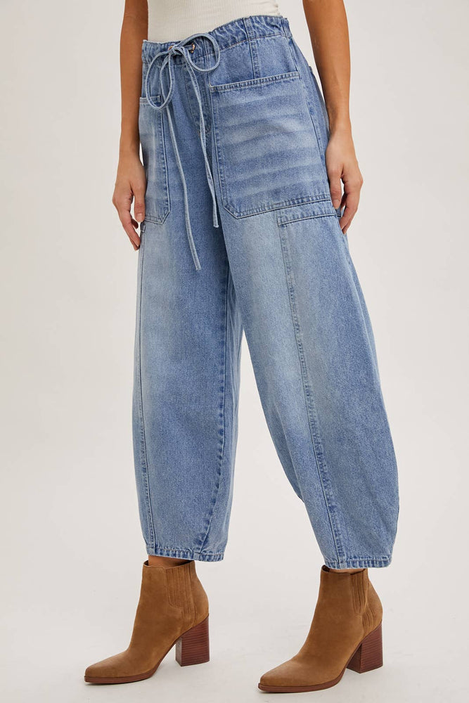 Sarah Mid Rise Drawstring Barrel Jeans