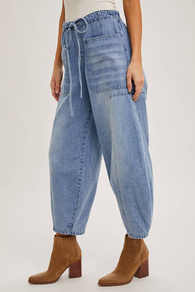 Sarah Mid Rise Drawstring Barrel Jeans