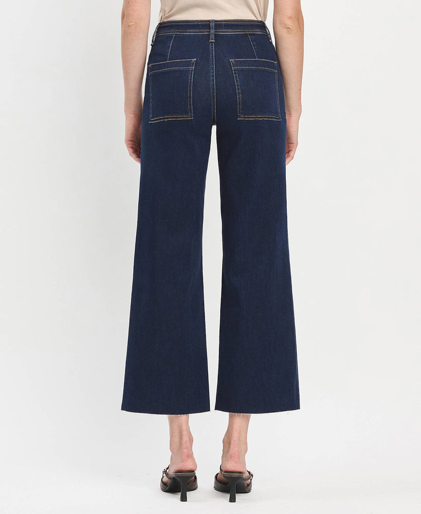High Rise Raw Hem Wide Leg Ankle Jeans