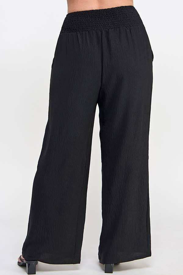 Plus Size Smocked Wide-Leg Pants Black