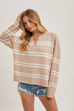 Notch Neck Striped Knit Sweater