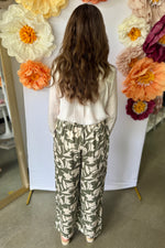 High Waist Wide Leg Satin-Like Pant Sage Print
