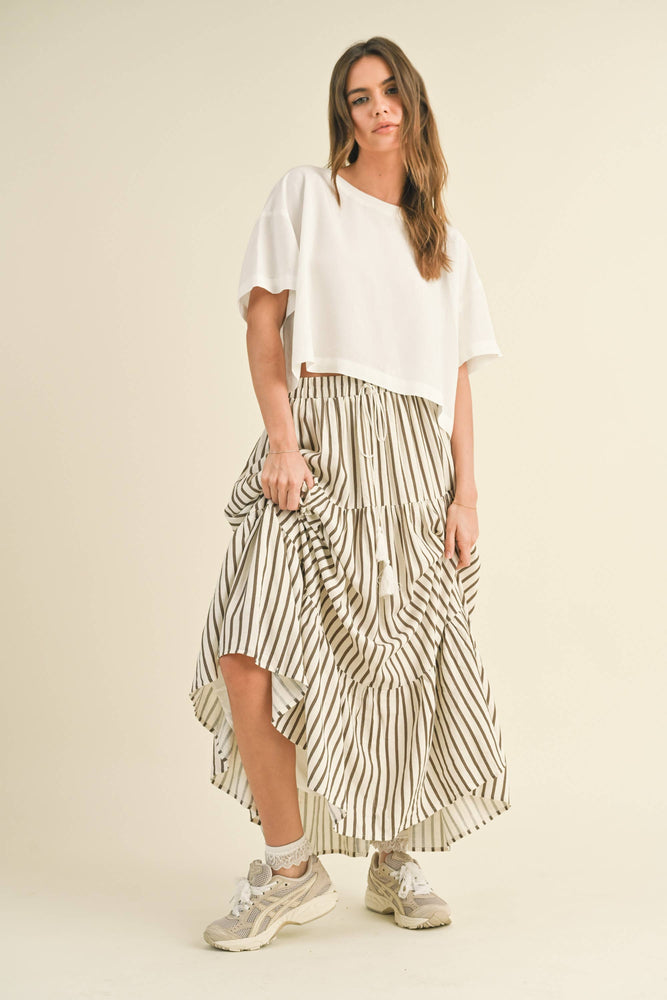 Striped Tiered Maxi Skirt Olive