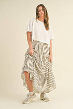 Striped Tiered Maxi Skirt Olive