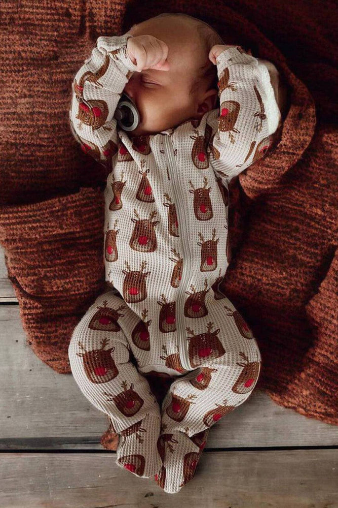 Organic Waffle Basic Zip Footie Reindeer