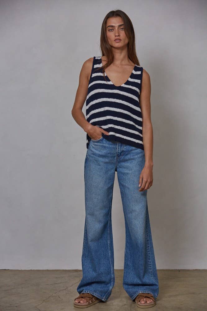 Knit Sweater Cotton Striped V-Neck Sleeveless Top