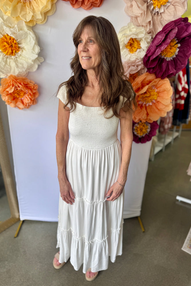 Smocked Tiered Maxi Dress White Small Smocked Tiered Maxi Dress White Small