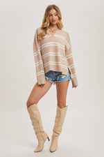 Notch Neck Striped Knit Sweater