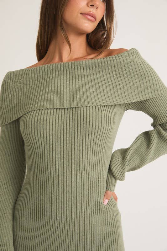 Ballon Sleeve Off Shoulder Sweater Dress Sage