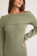 Ballon Sleeve Off Shoulder Sweater Dress Sage
