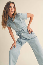 Zip Front Denim Jumpsuit Tie Detail