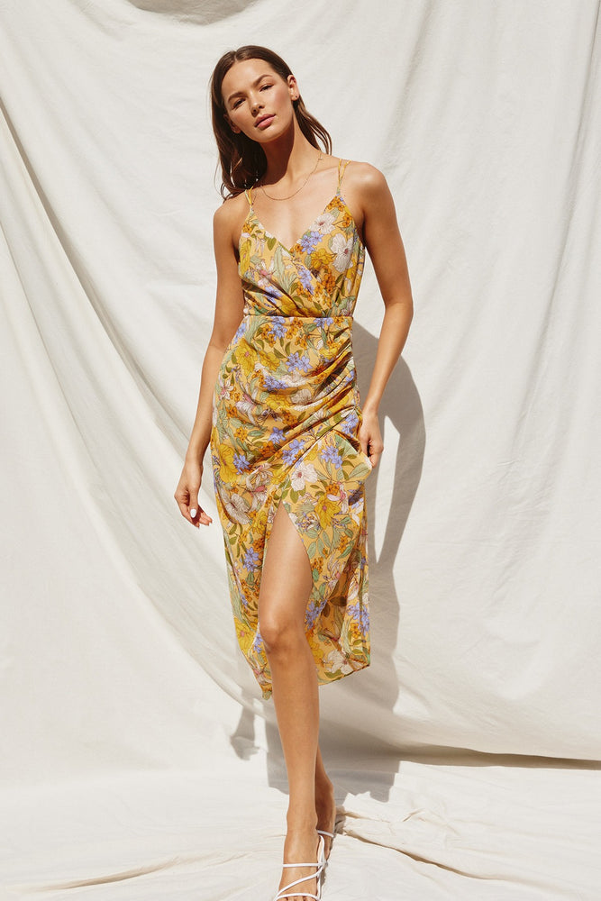 Ruched Midi Dress Yellow Floral