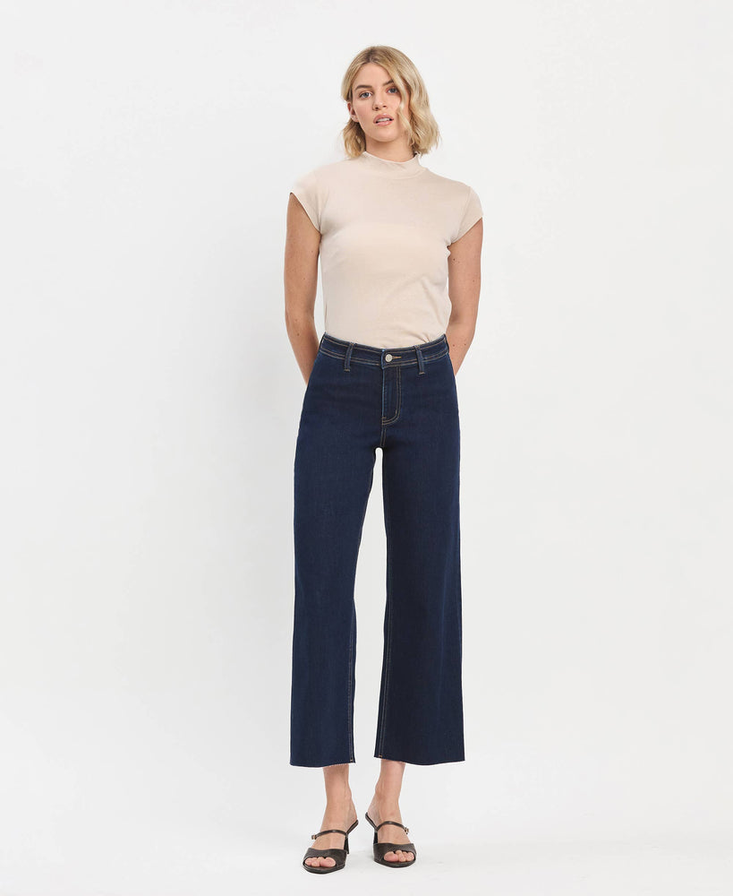 High Rise Raw Hem Wide Leg Ankle Jeans