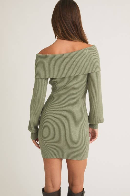 Ballon Sleeve Off Shoulder Sweater Dress Sage
