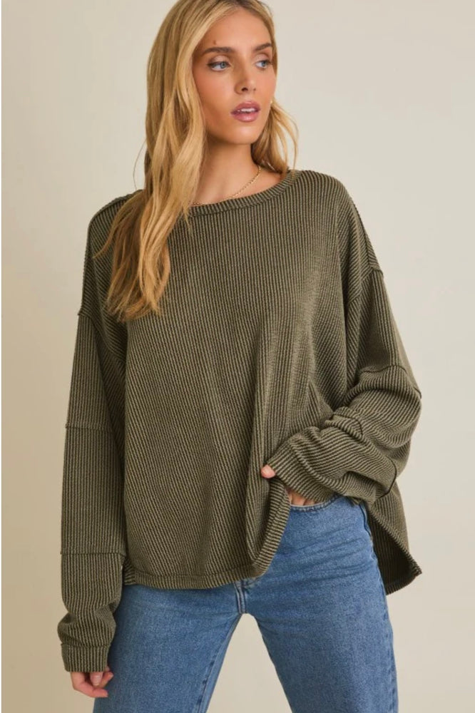 Round Neck Long Sleeve Cut Edge Detail Top Olive