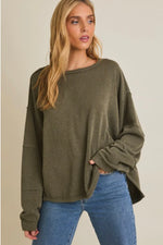 Round Neck Long Sleeve Cut Edge Detail Top Olive