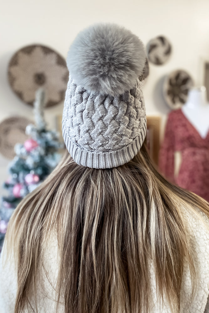 Silver Woven Cable Knit Pom C.C Beanie