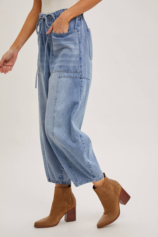 Sarah Mid Rise Drawstring Barrel Jeans