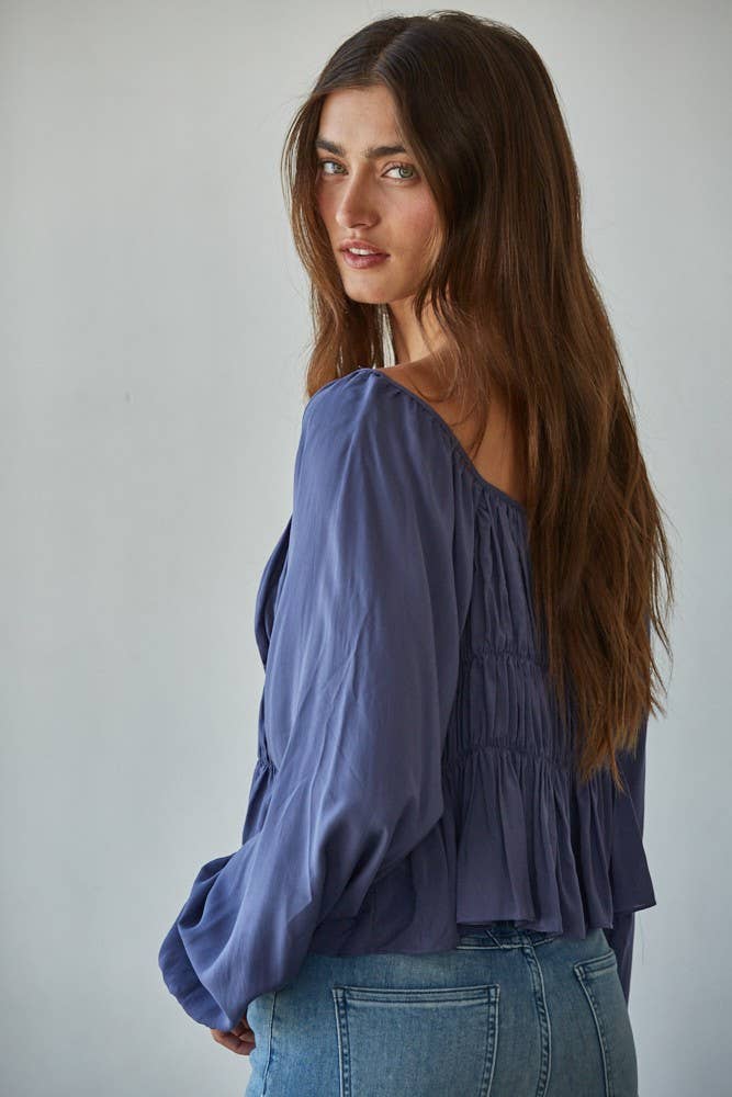 Woven Cotton Long Cap Sleeve Smocked Blouse