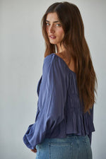 Woven Cotton Long Cap Sleeve Smocked Blouse