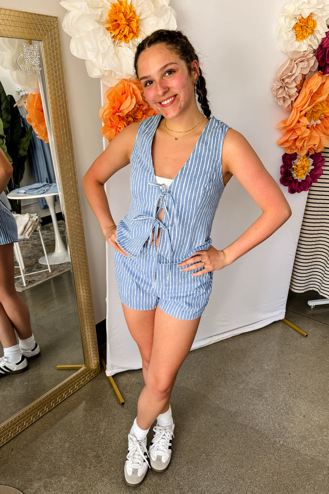 Tie Front Striped Vest Top Blue and White