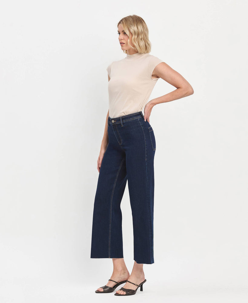 High Rise Raw Hem Wide Leg Ankle Jeans
