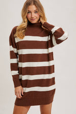 Turtleneck Striped Knit Sweater Dress