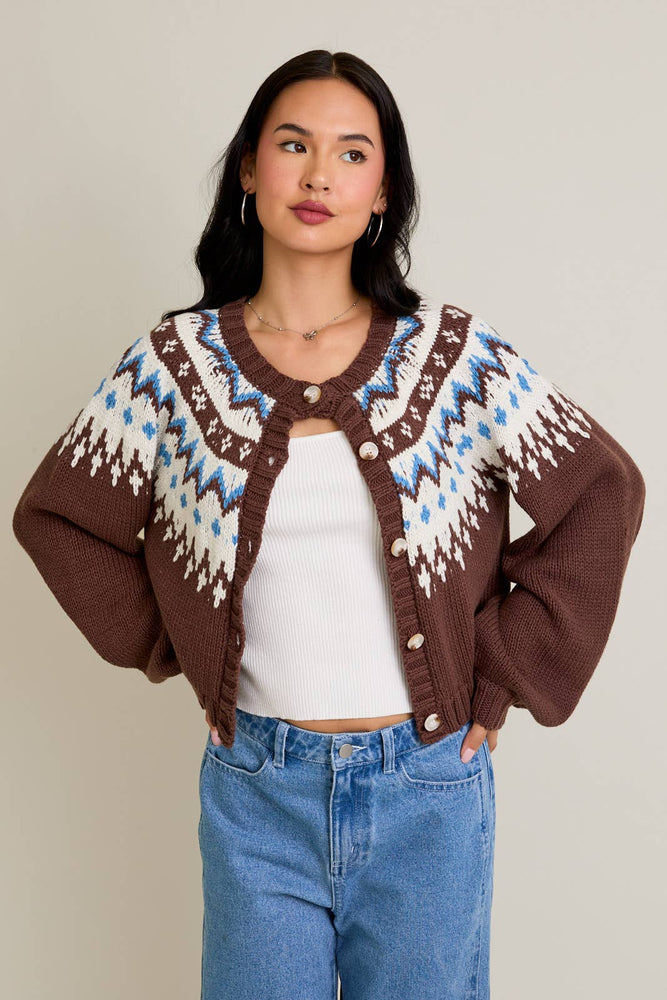 Cropped Sweater Cardigan Brown and Blue Fair Isle Style Pattern