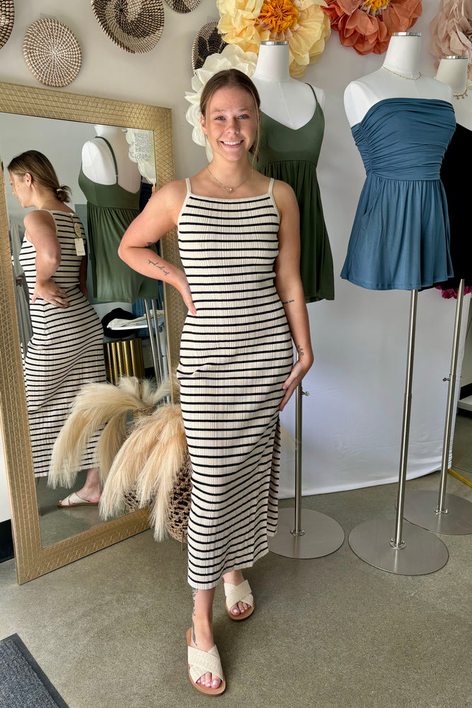 Ribbed Striped Midi Dress Black and Cream Small