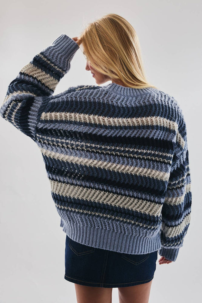 Long Sleeve Crewneck Stripe Sweater Blue
