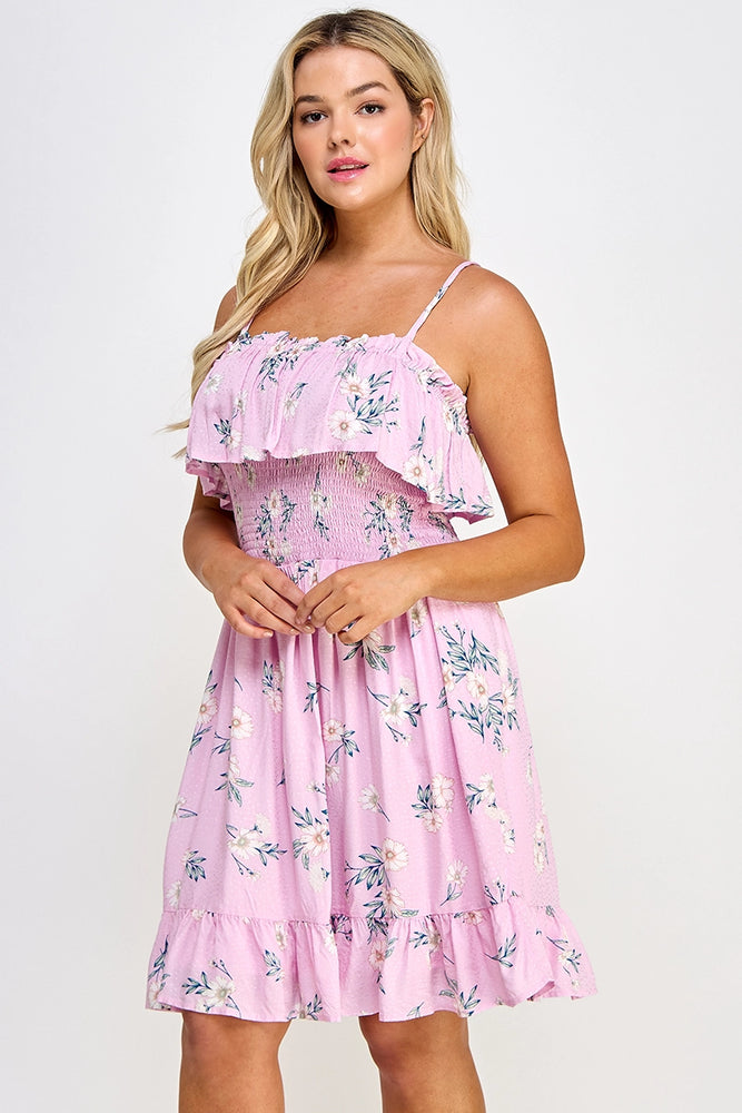 Plus Floral Smocked Ruffle Mini Dress Pink 3X