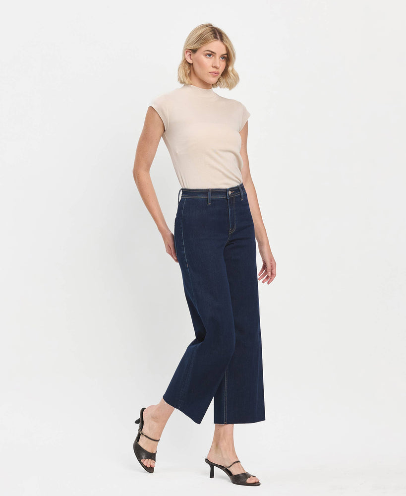 High Rise Raw Hem Wide Leg Ankle Jeans