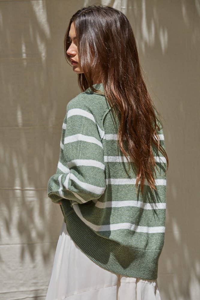 Striped Knit Wide Collar Sweater Sage