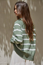 Striped Knit Wide Collar Sweater Sage