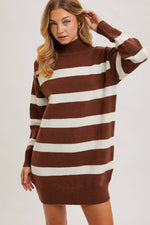 Turtleneck Striped Knit Sweater Dress