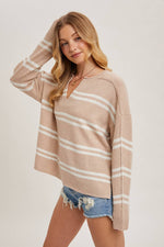 Notch Neck Striped Knit Sweater