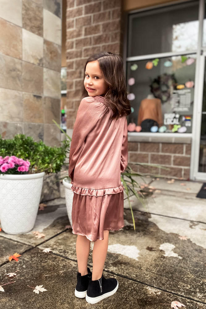 Girls Satin Tie Neck Dress