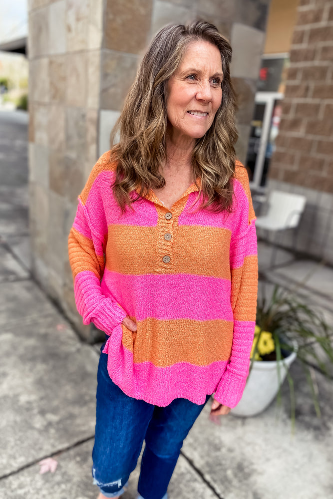 Michelle Hot Pink and Citrus Striped Loose Knit Sweater
