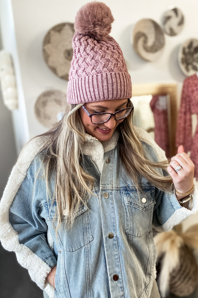 Pink Woven Cable Knit Pom CC Beanie