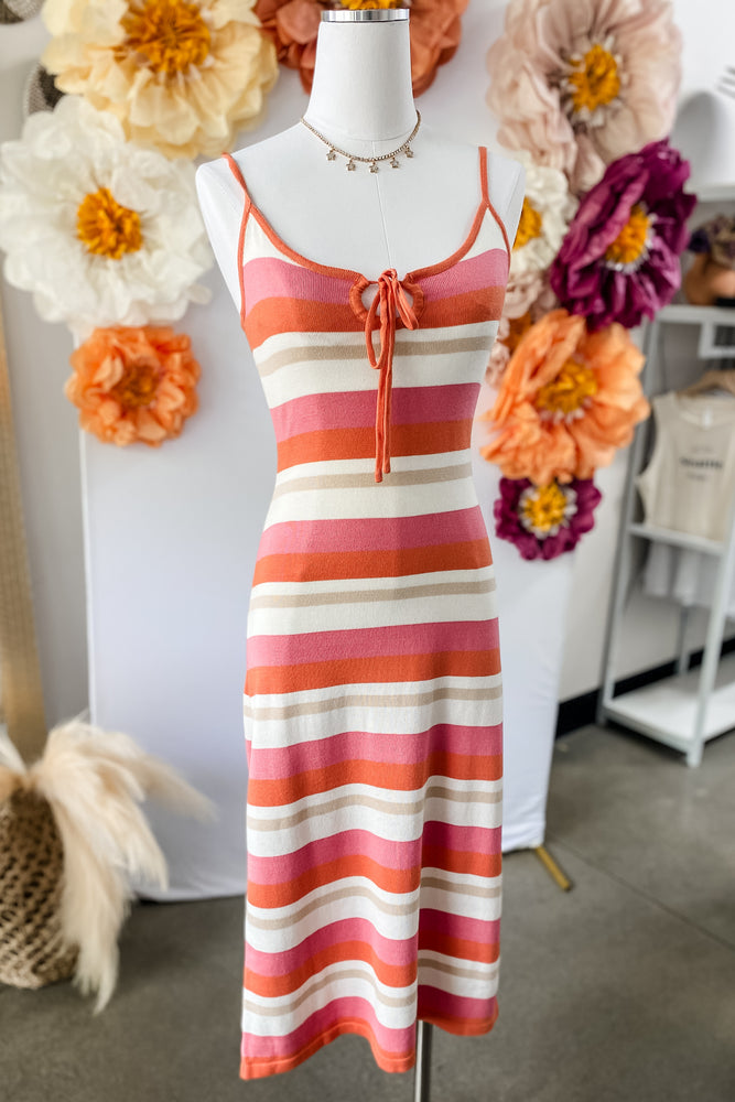 orange and pink knit dress Baltic Born Womens Raquel Knit Midi Dress | Orange + Pink Print