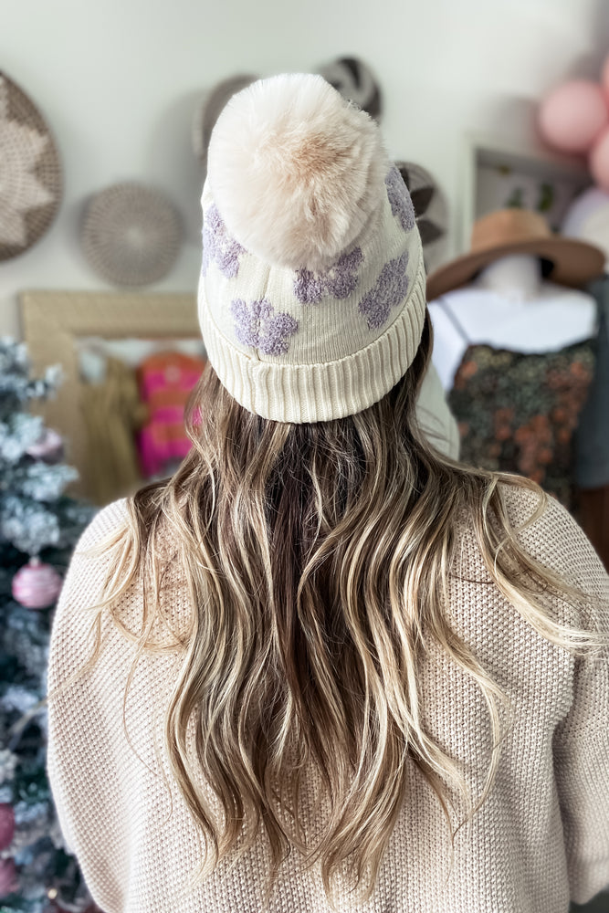 Lavender Daisy Patterned Faux Fur C.C Beanie