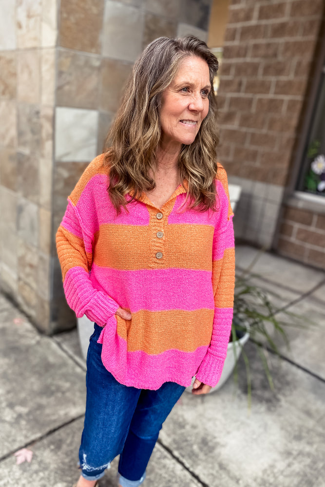 Michelle Hot Pink and Citrus Striped Loose Knit Sweater