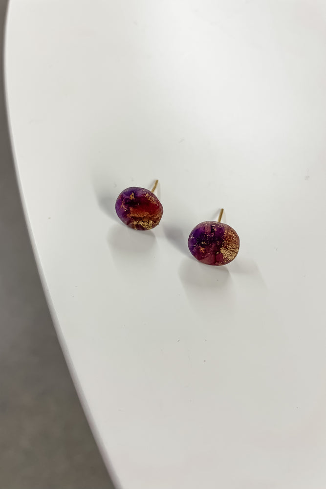 Dark Purple and Gold Marbled Stud Earrings